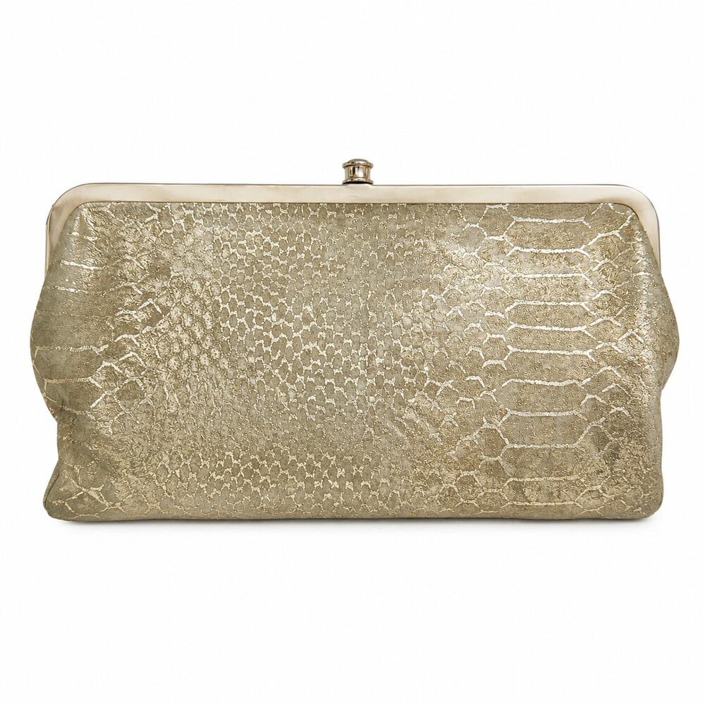 HOBO | Metallic Snakeskin Embossed Frame Clutch Evening Bag Gold